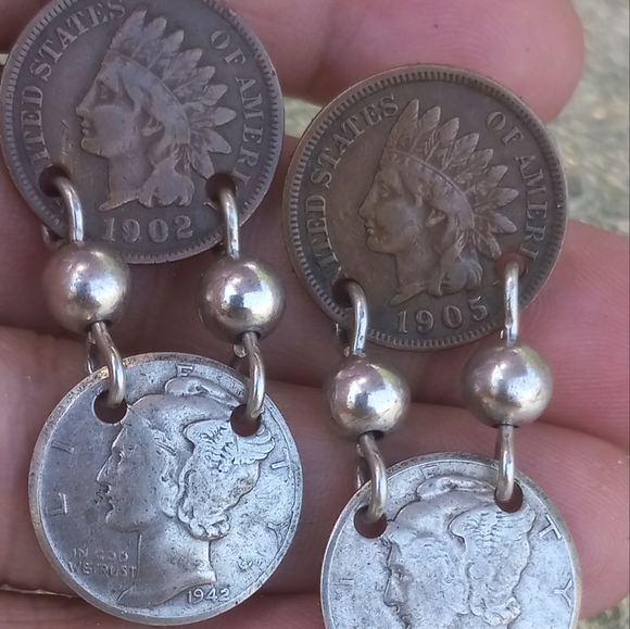 Handmade Earrings w/ Mercury Dimes(1942) and Indian Head Pennies(1902&1905). - Picture 2 of 6
